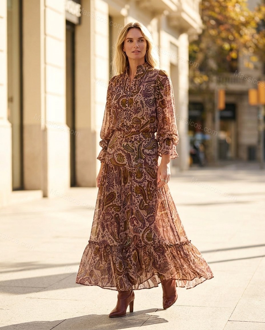 Brown Paisley Maxi Ruffled Dress, full-length hero view, by Massicos