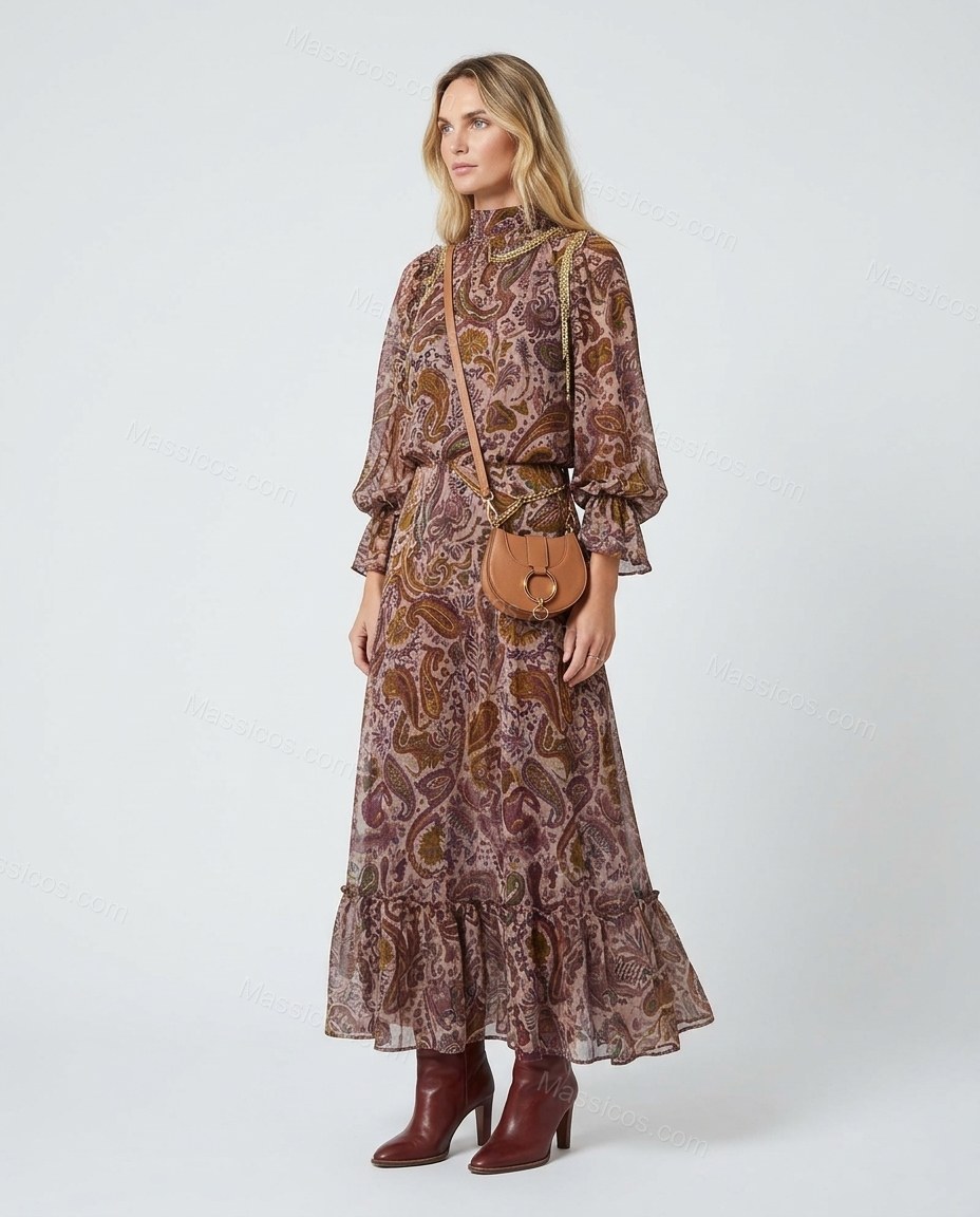 Brown Paisley Maxi Ruffled Dress, front studio view, by Massicos