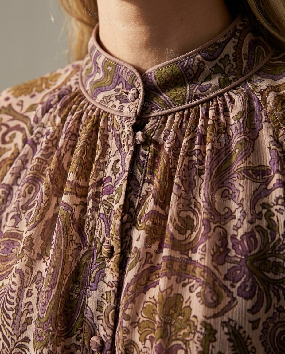 Brown Paisley Maxi Ruffled Dress, close-up of paisley, by Massicos