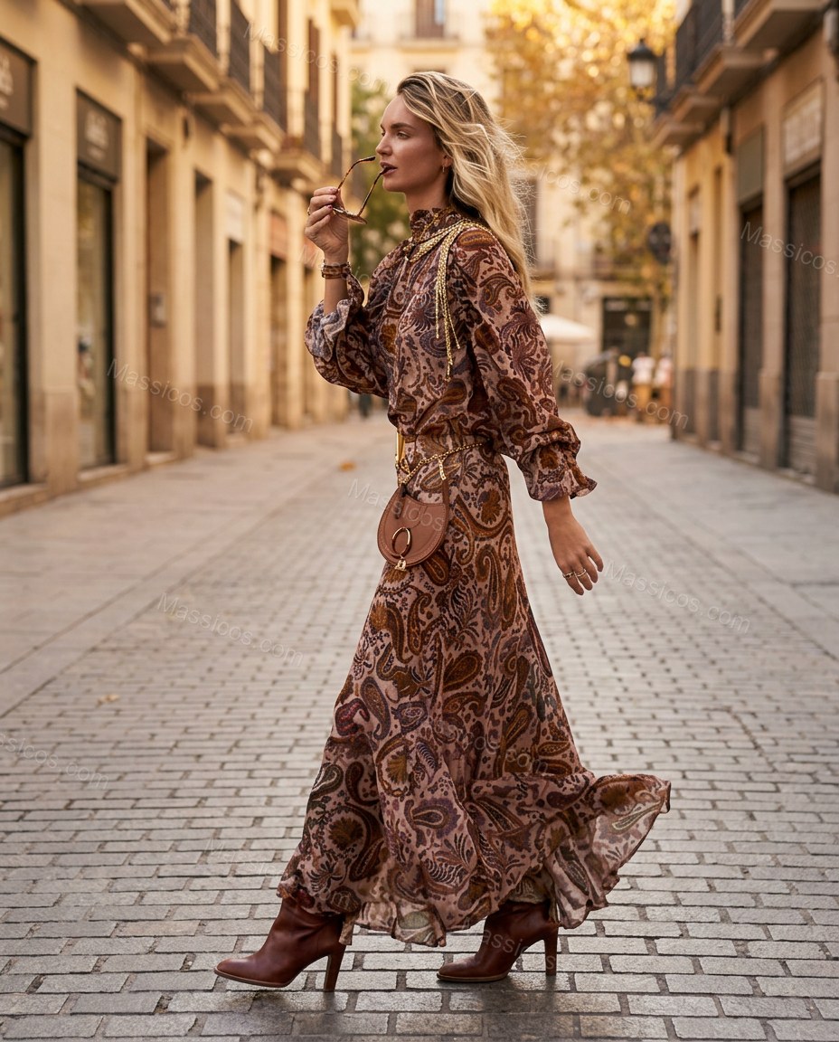 Brown Paisley Maxi Ruffled Dress, alternate use-case lifestyle view, by Massicos