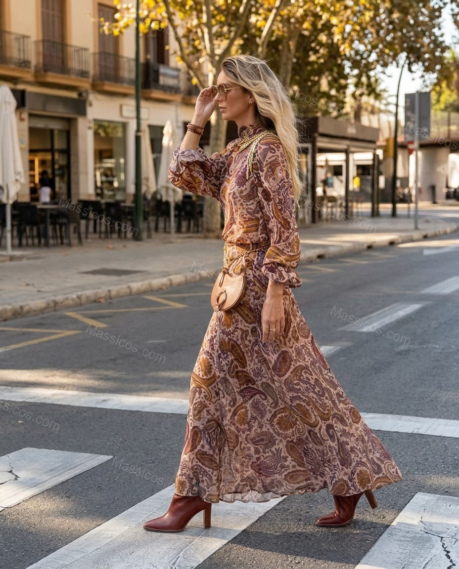 Brown Paisley Maxi Ruffled Dress, movement and fit lifestyle view, by Massicos