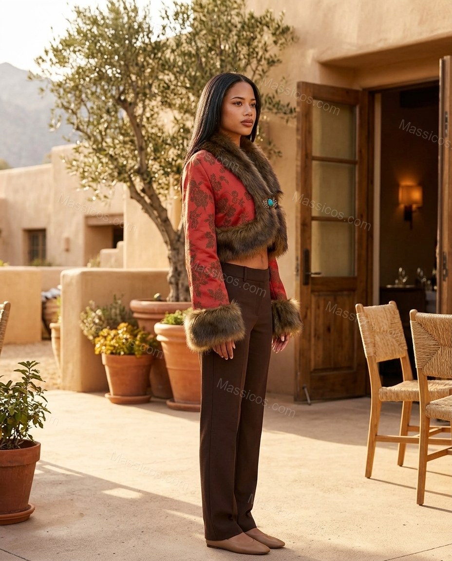 Red Floral Faux-Fur Jacket, alternate use-case lifestyle view, by Massicos