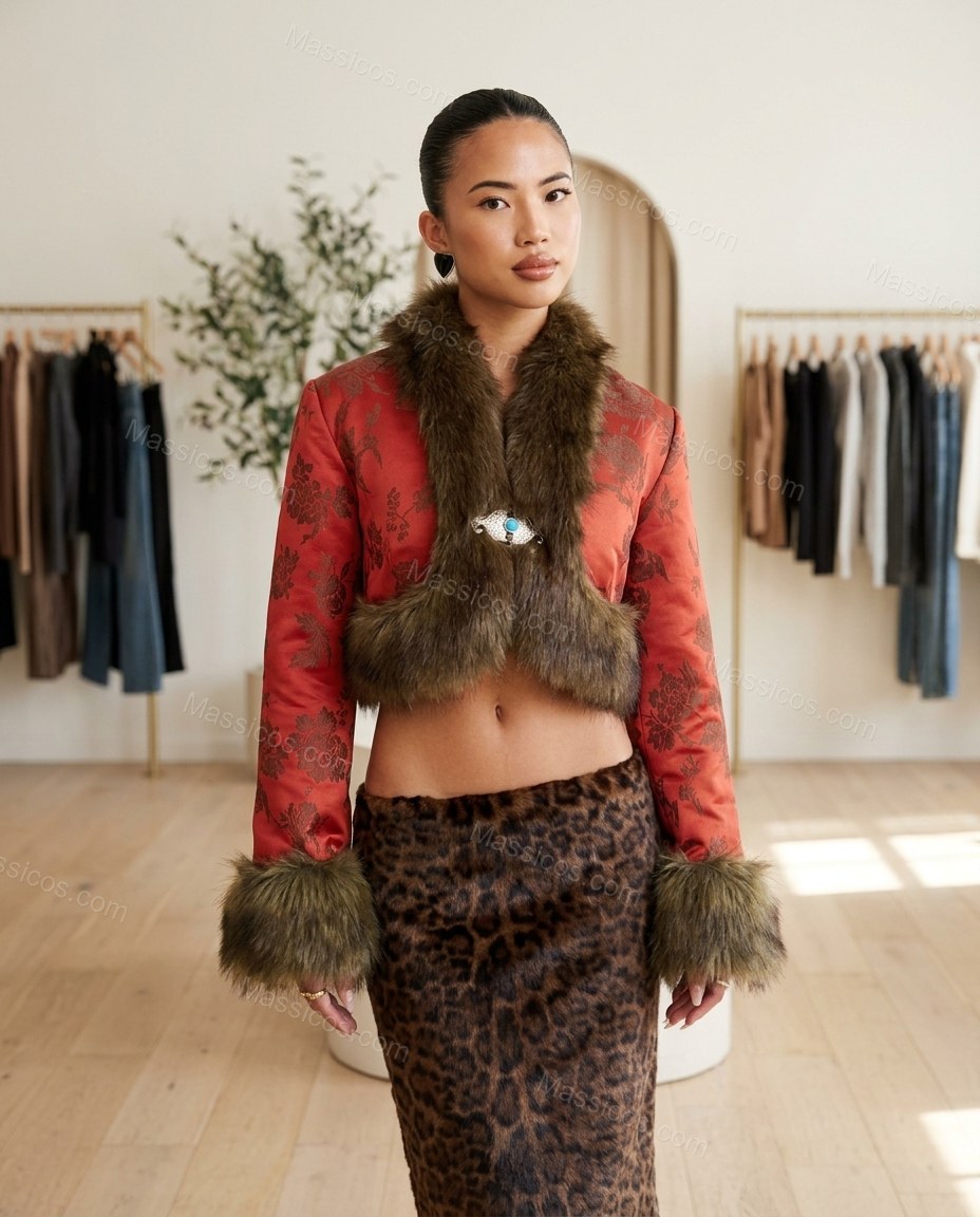 Red Floral Faux-Fur Jacket, full-length hero view, by Massicos