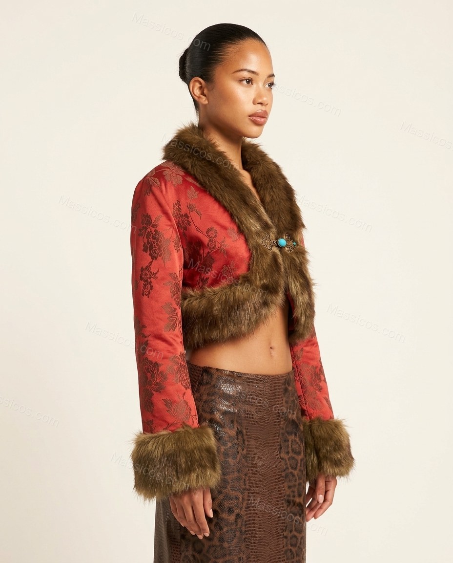 Red Floral Faux-Fur Jacket, side and back studio view showing unclear, likely plain red brocade, by Massicos