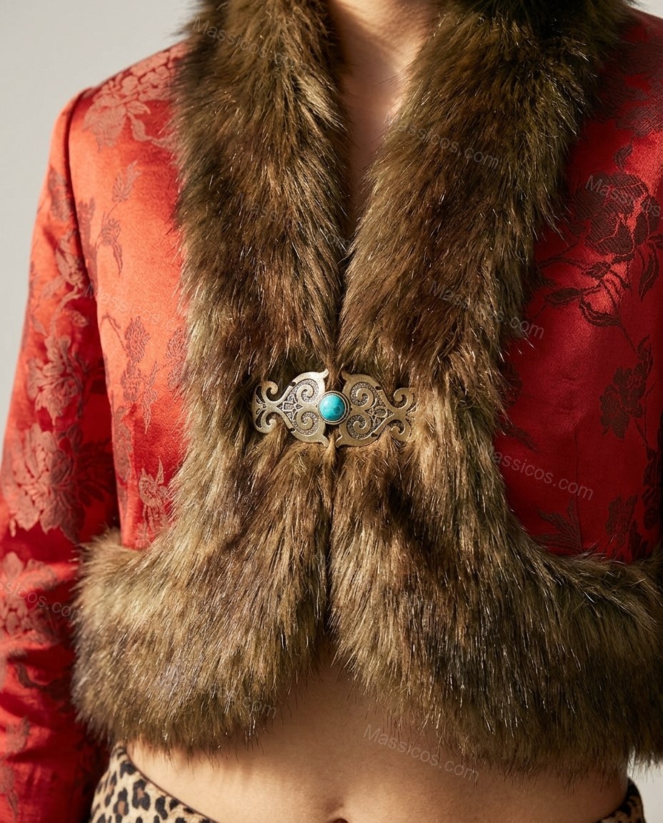 Red Floral Faux-Fur Jacket, close-up of floral, by Massicos
