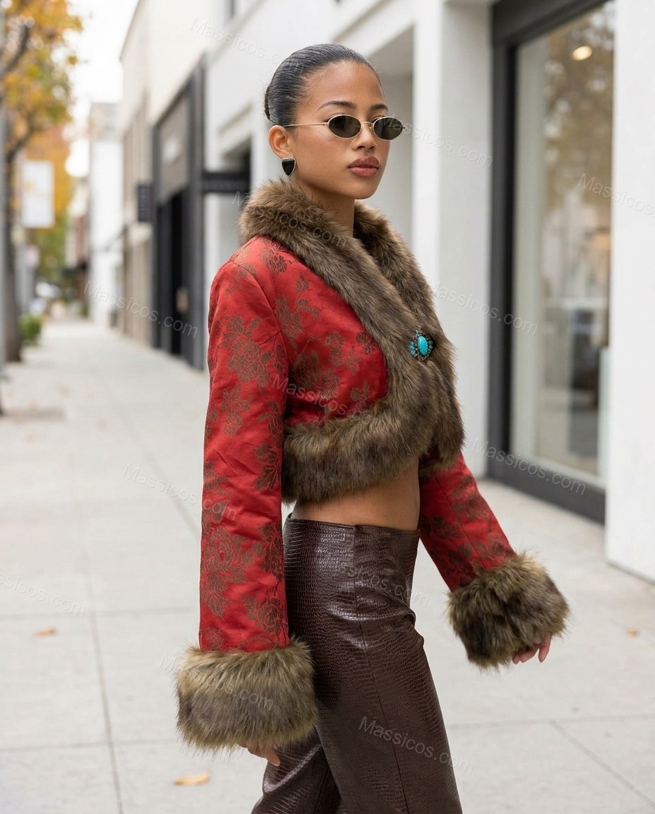 Red Floral Faux-Fur Jacket, walking lifestyle view, by Massicos