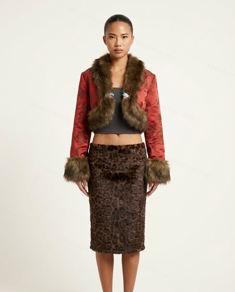 Red Floral Faux-Fur Jacket, front studio view, by Massicos