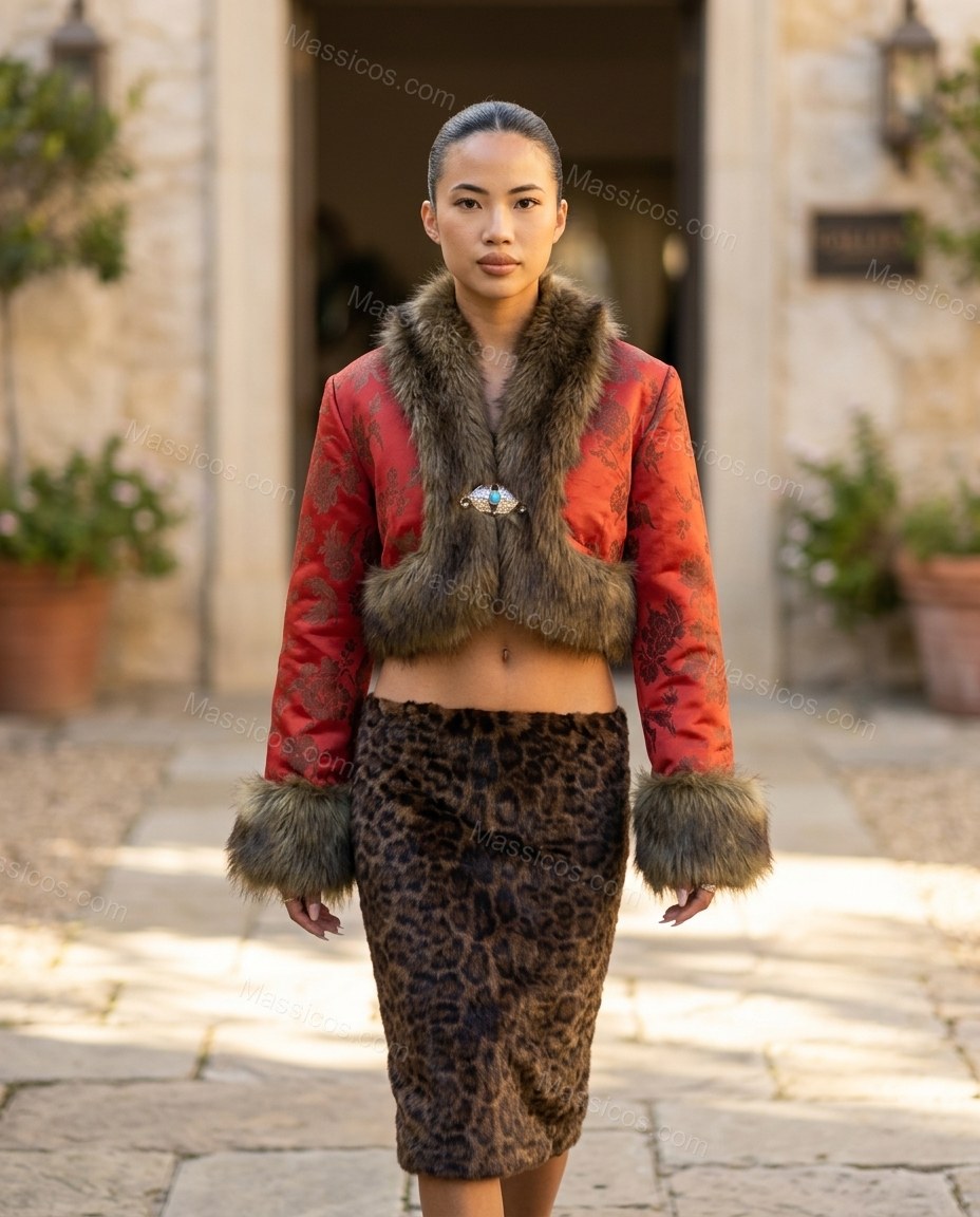 Red Floral Faux-Fur Jacket, movement and fit lifestyle view, by Massicos