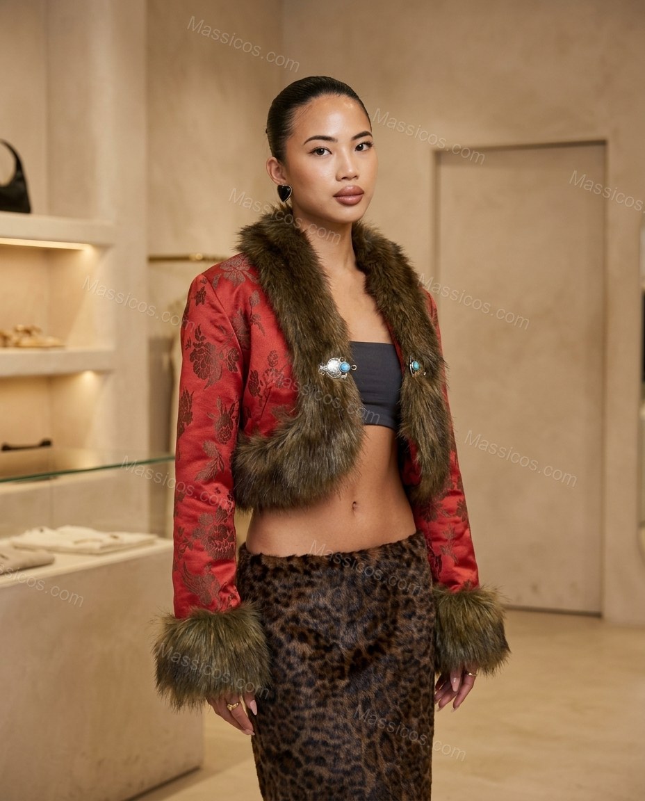 Red Floral Faux-Fur Jacket, three-quarter brand lifestyle view, by Massicos