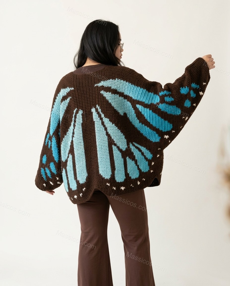 Brown Knit Cardigan, back studio view showing butterfly wing design visible, by Massicos