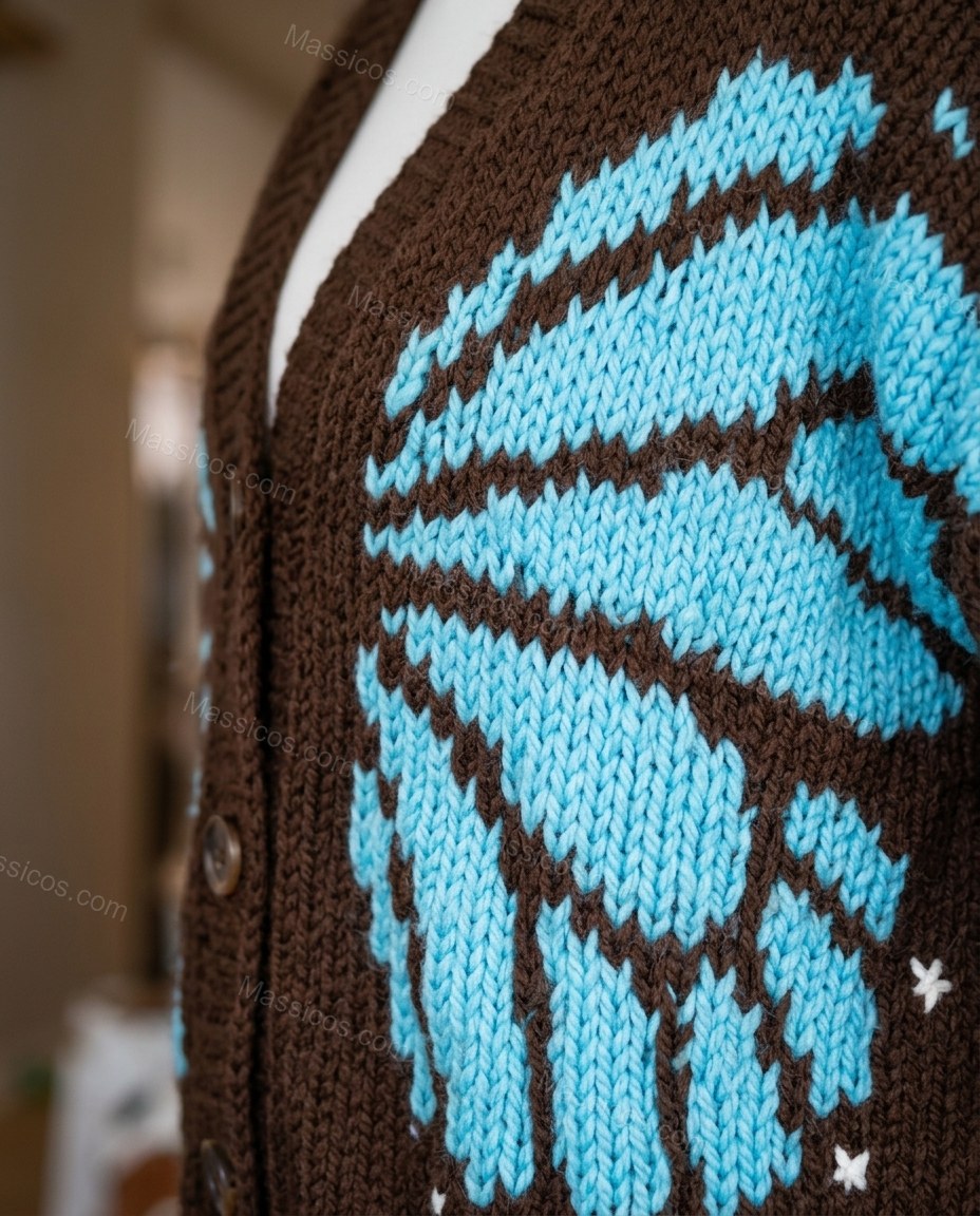 Brown Knit Cardigan, close-up of blue accents, knitted design and butterfly wing design, by Massicos