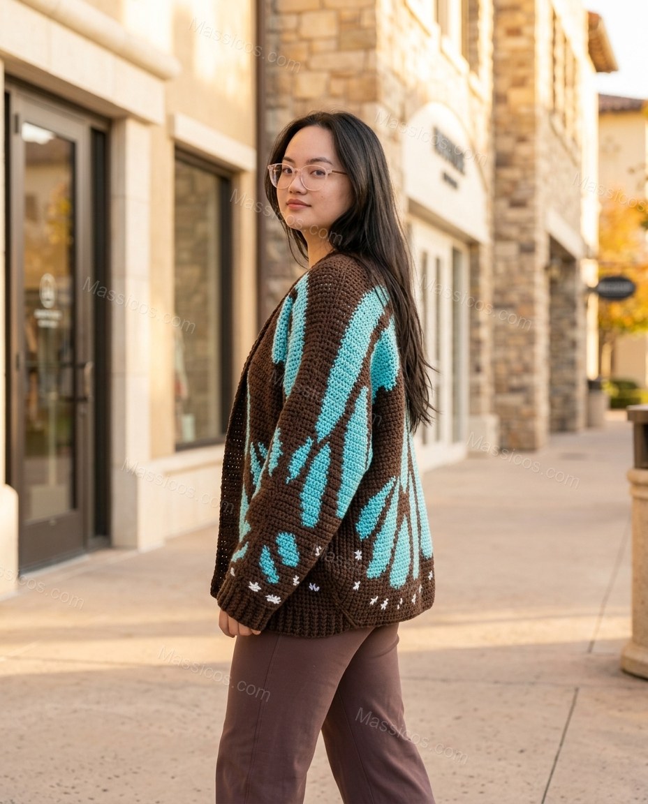 Brown Knit Cardigan, three-quarter brand lifestyle view, by Massicos
