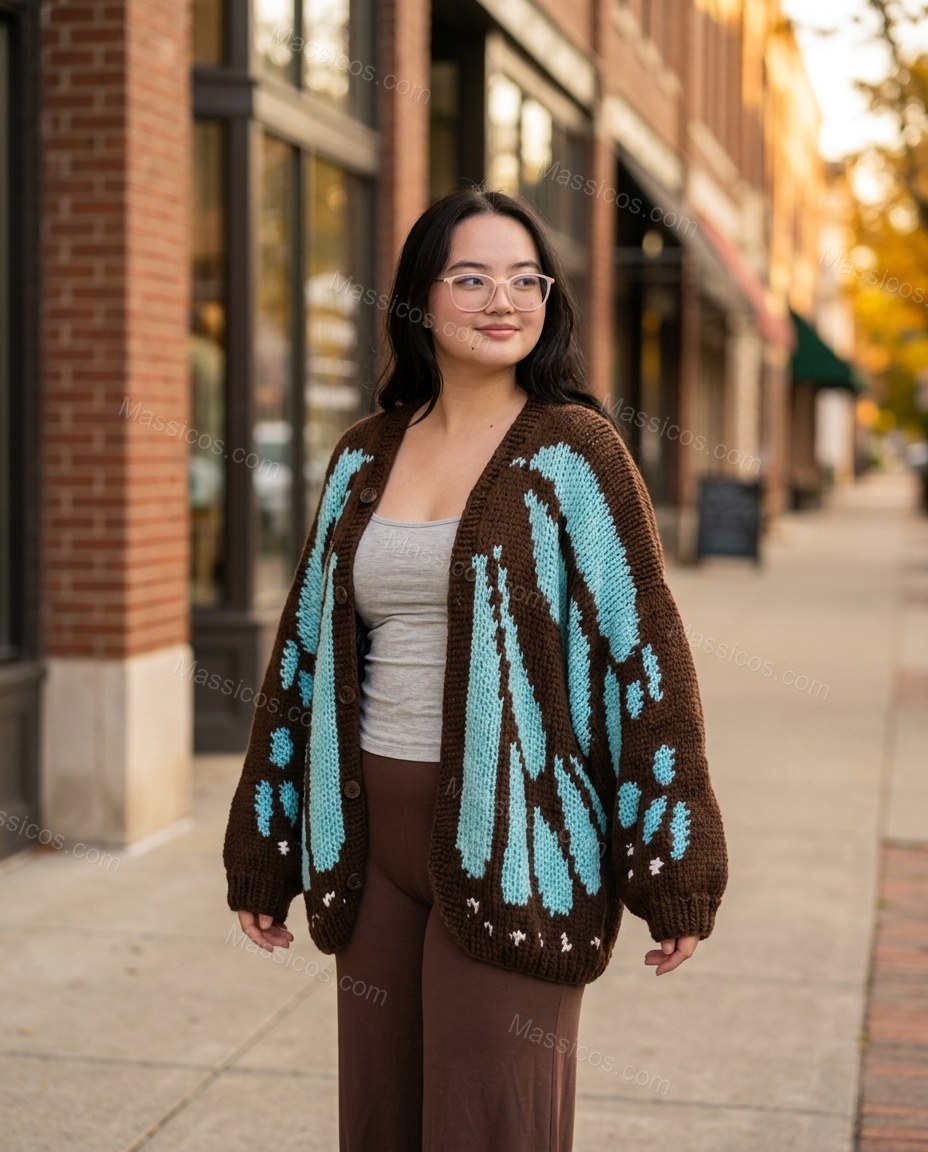 Brown Knit Cardigan, alternate use-case lifestyle view, by Massicos