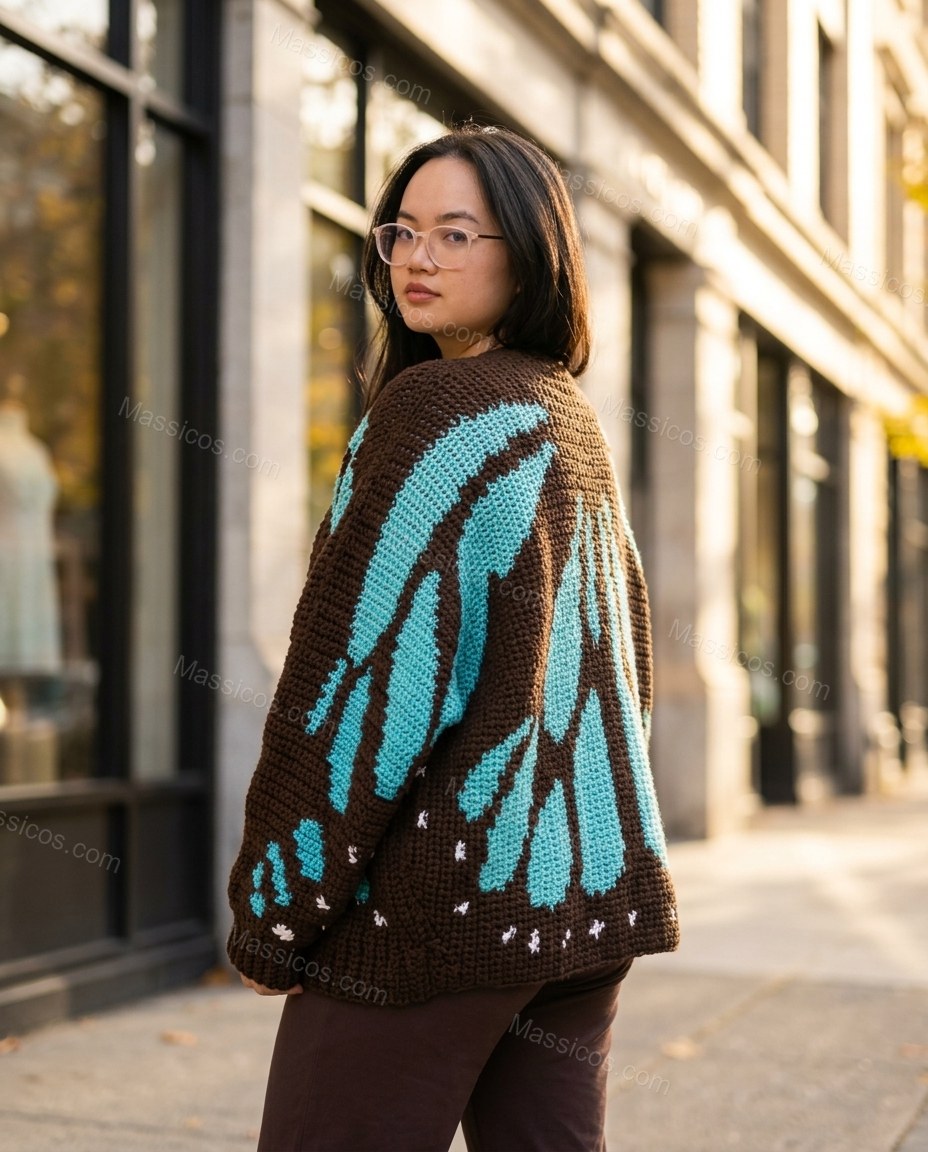 Brown Knit Cardigan, walking lifestyle view, by Massicos