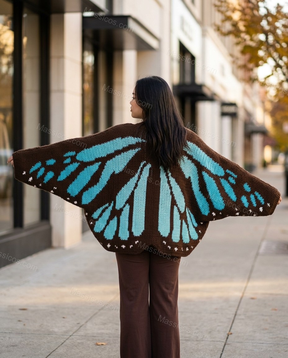 Brown Knit Cardigan, movement and fit lifestyle view, by Massicos