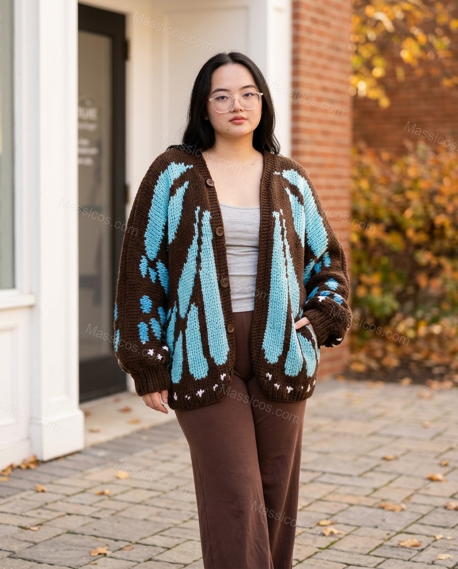 Brown Knit Cardigan, full-length hero view, by Massicos