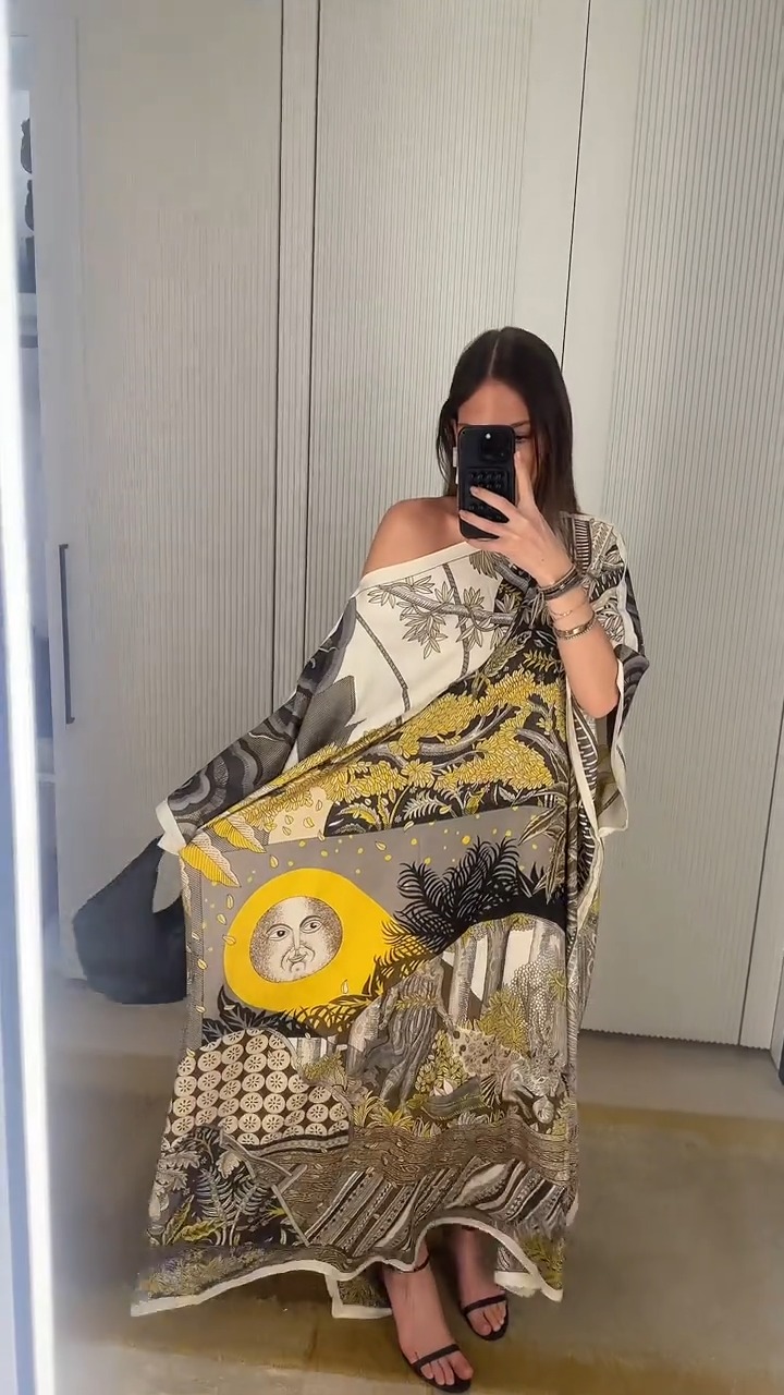 One-Shoulder Shawl Wrap Vintage Print Maxi Dress