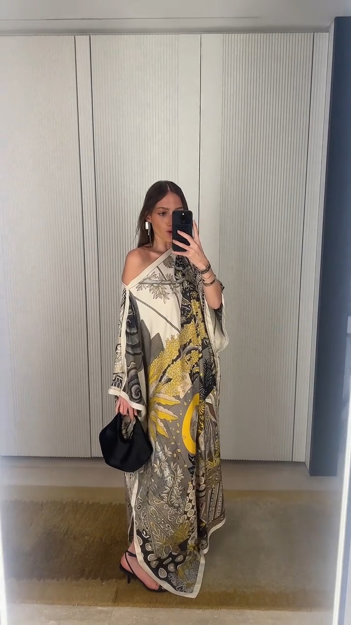 One-Shoulder Shawl Wrap Vintage Print Maxi Dress