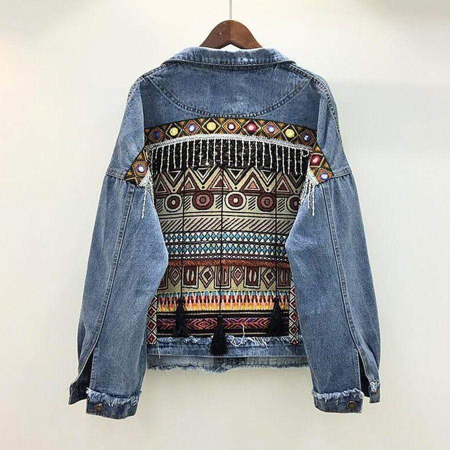 Embroidered Ethnic Denim Jacket - wickedafstore