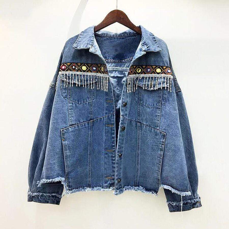 Embroidered Ethnic Denim Jacket - wickedafstore