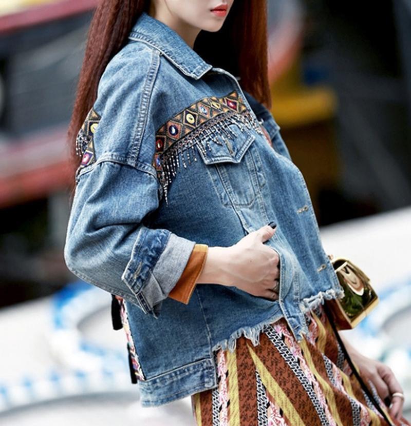 Embroidered Ethnic Denim Jacket - wickedafstore