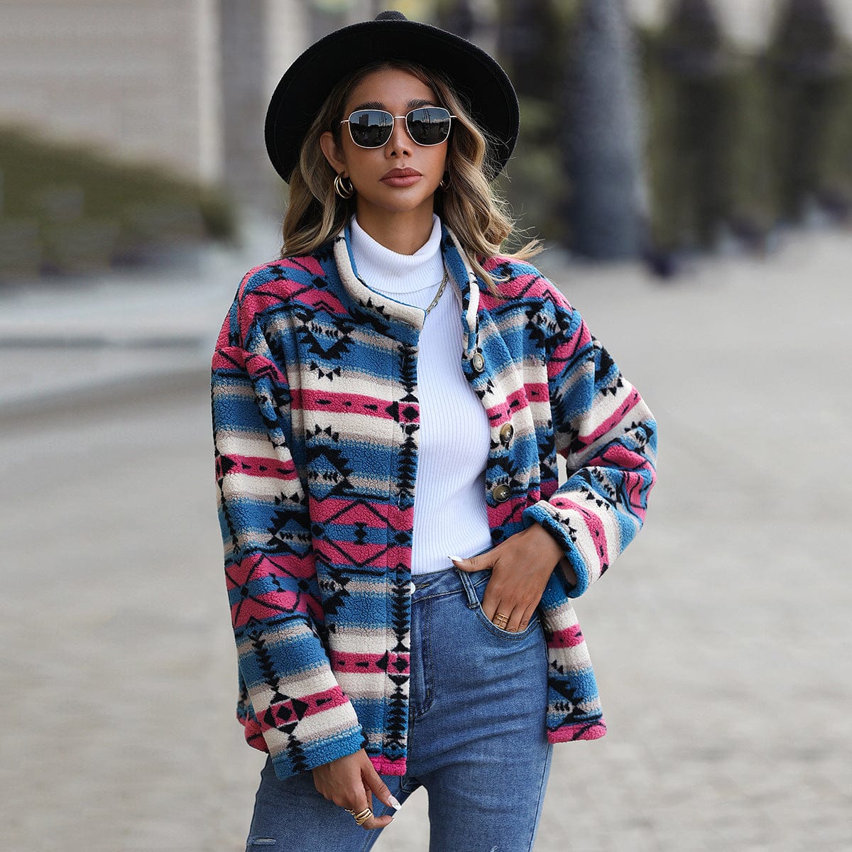 wickedafstore Aztec Print Plush Coat