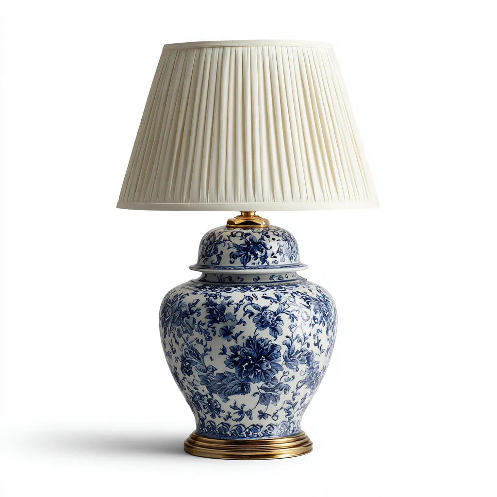 Lampe de table - céramique-métal-tissu - 28x28x48 cm - bleu-blanc-or - style classique-Villaaro