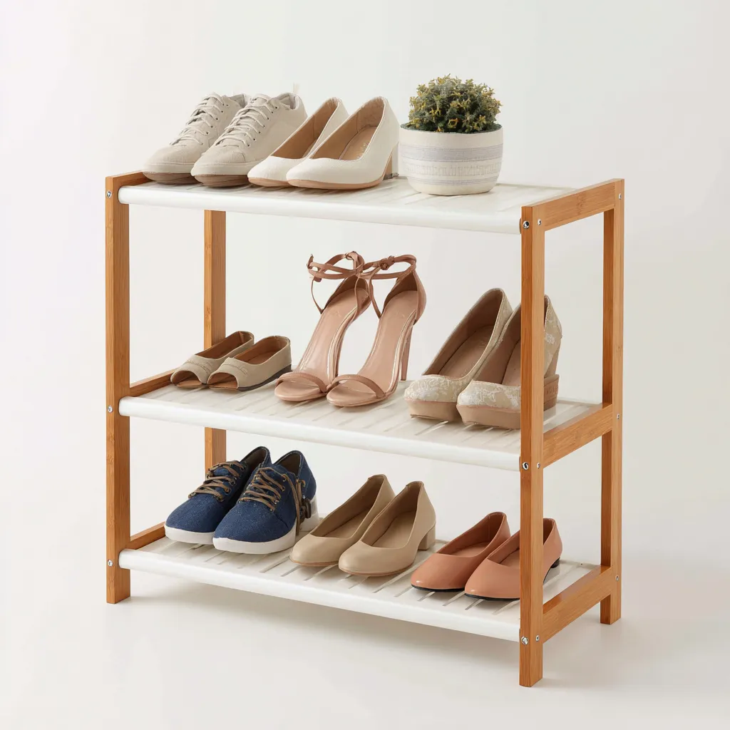 Meuble à chaussures - bambou - 68x26x57 cm - blanc-bois naturel - design pratique-Villaaro