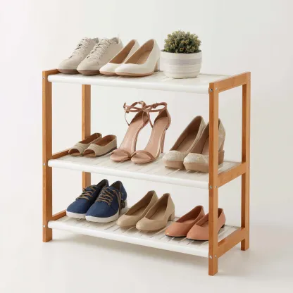 Meuble à chaussures - bambou - 68x26x57 cm - blanc-bois naturel - design pratique-Villaaro