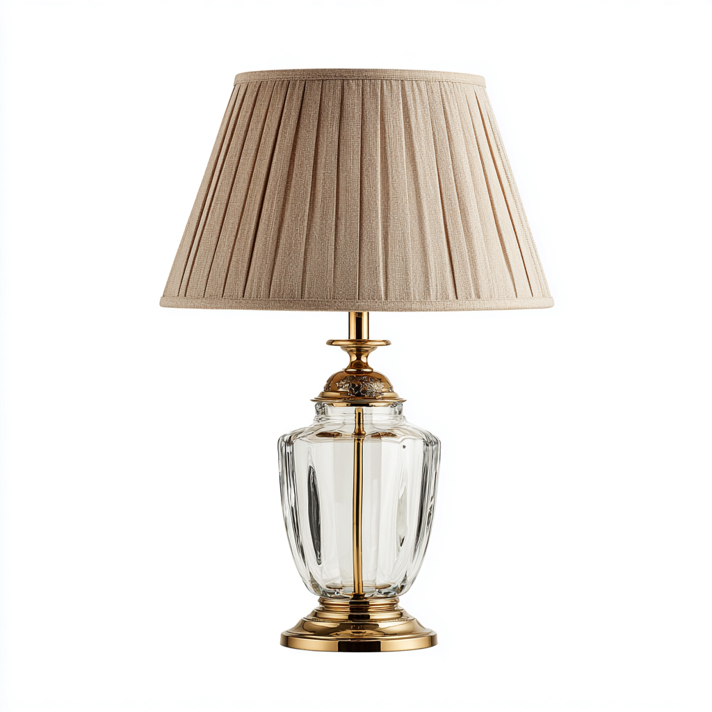 Lampe de table - verre-tissu-métal - 28x28x48 cm - transparent-or-beige - style classique-Villaaro