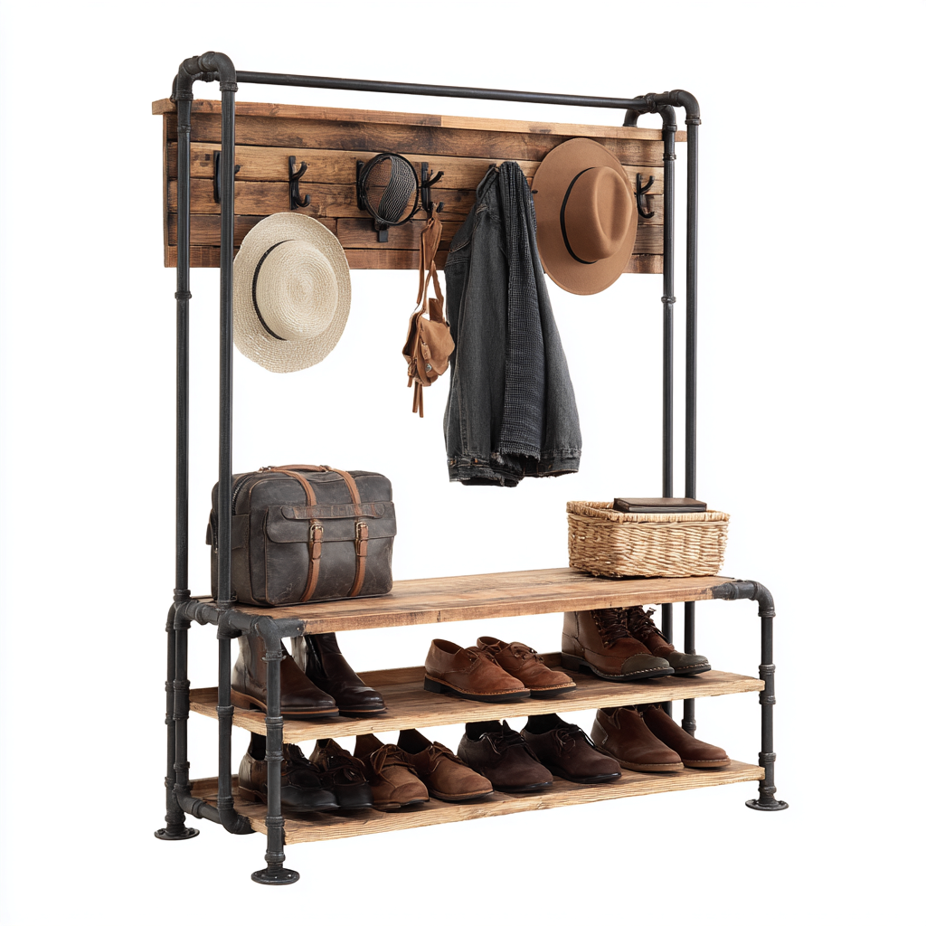 Porte manteau - métal-bois - 115x40x190 cm - noir-bois naturel - style industriel-Villaaro