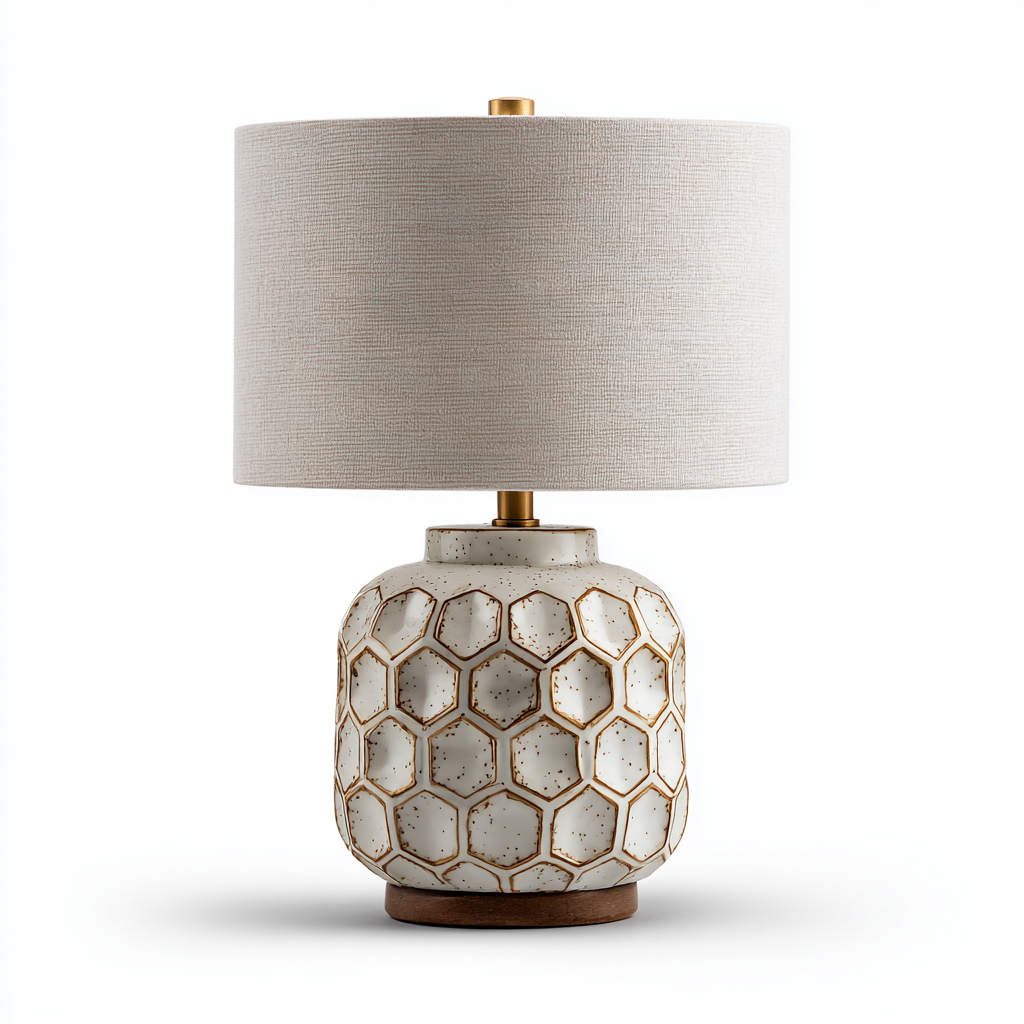 Lampe de table - céramique-tissu-bois - 21x21x44 cm - blanc-beige - style contemporain-Villaaro