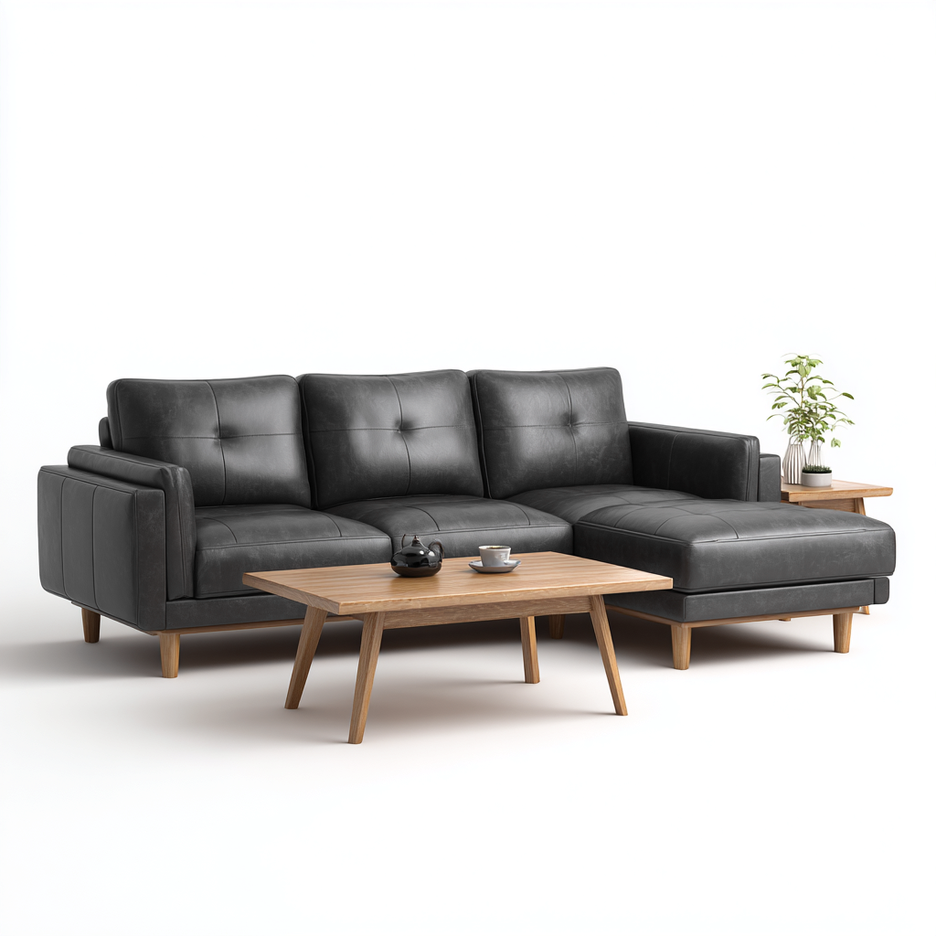Canapé modular - cuir-bois - 292x210x82 cm - noir - style contemporain-Villaaro