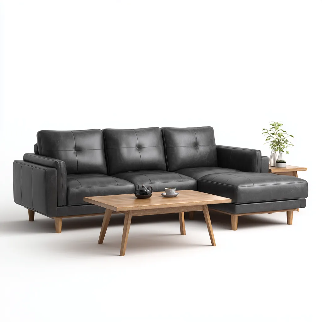 Canapé modular - cuir-bois - 292x210x82 cm - noir - style contemporain-Villaaro