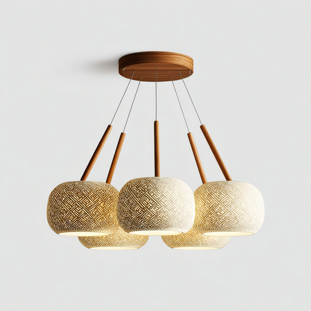 Plafonnier - bois-tissu - 50x50x32 cm - beige-blanc - style moderne décoratif-Villaaro