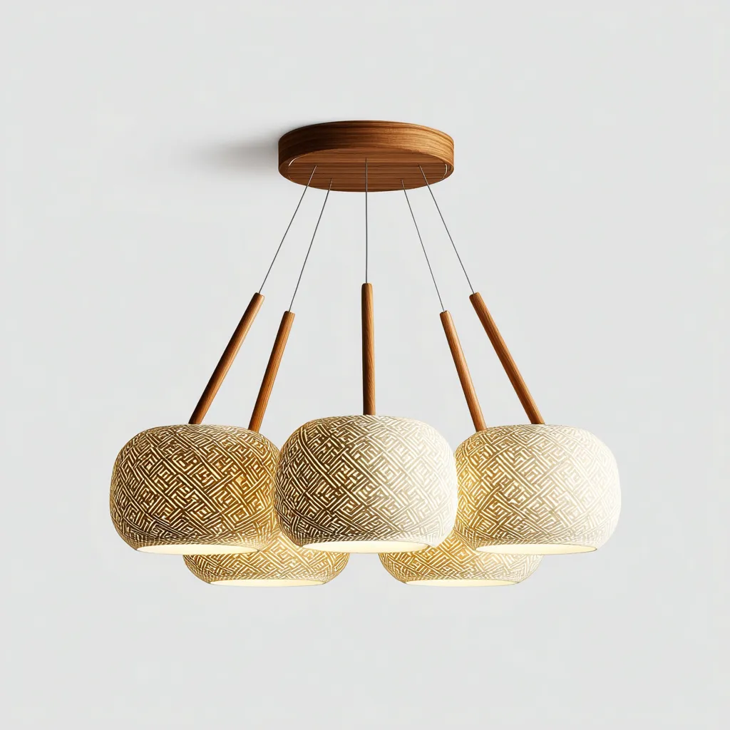 Plafonnier - bois-tissu - 50x50x32 cm - beige-blanc - style moderne décoratif-Villaaro