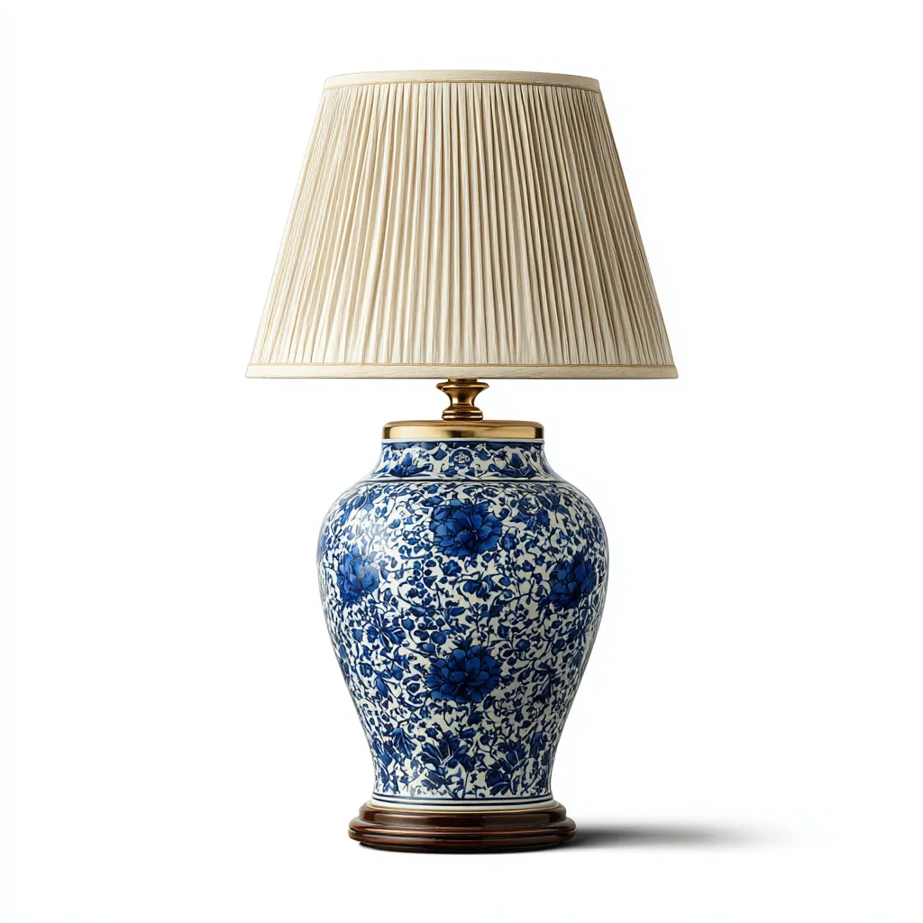 Lampe de table - céramique-métal-tissu - 27x27x50 cm - bleu-blanc-beige - style classique-Villaaro