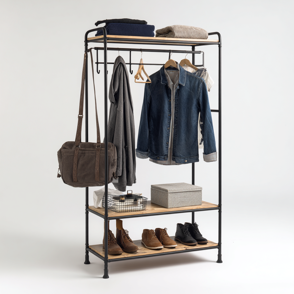 Porte manteau - métal-bois - 80x35x170 cm - noir-bois naturel - design fonctionnel-Villaaro