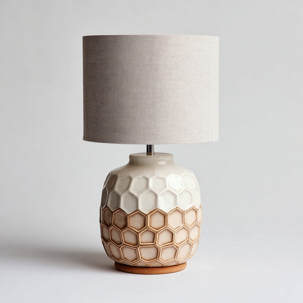 Lampe de table - céramique-tissu-bois - 20x20x43 cm - beige - style contemporain-Villaaro