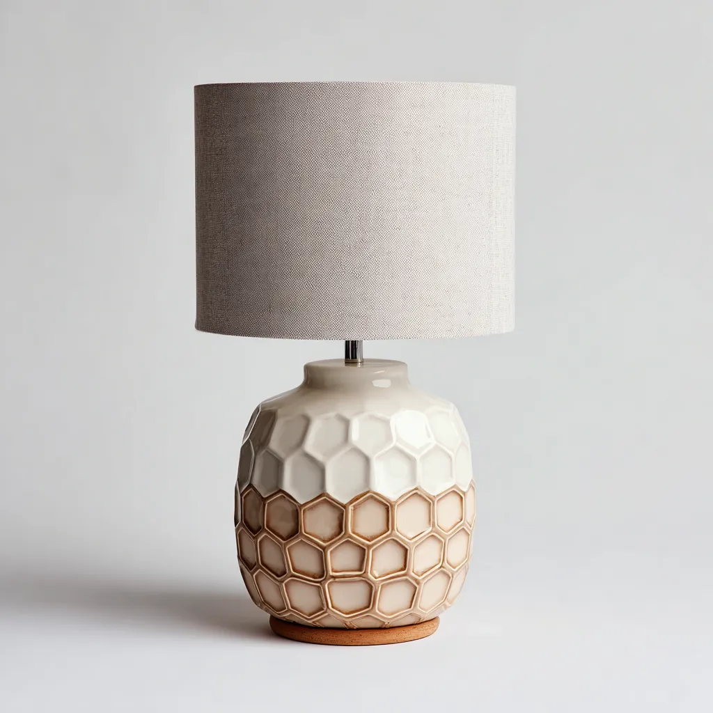 Lampe de table - céramique-tissu-bois - 20x20x43 cm - beige - style contemporain-Villaaro