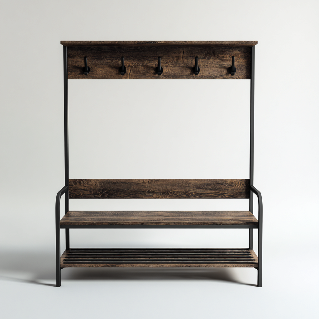 Porte manteau - métal-bois - 100x40x185 cm - noir-bois foncé - style industriel-Villaaro