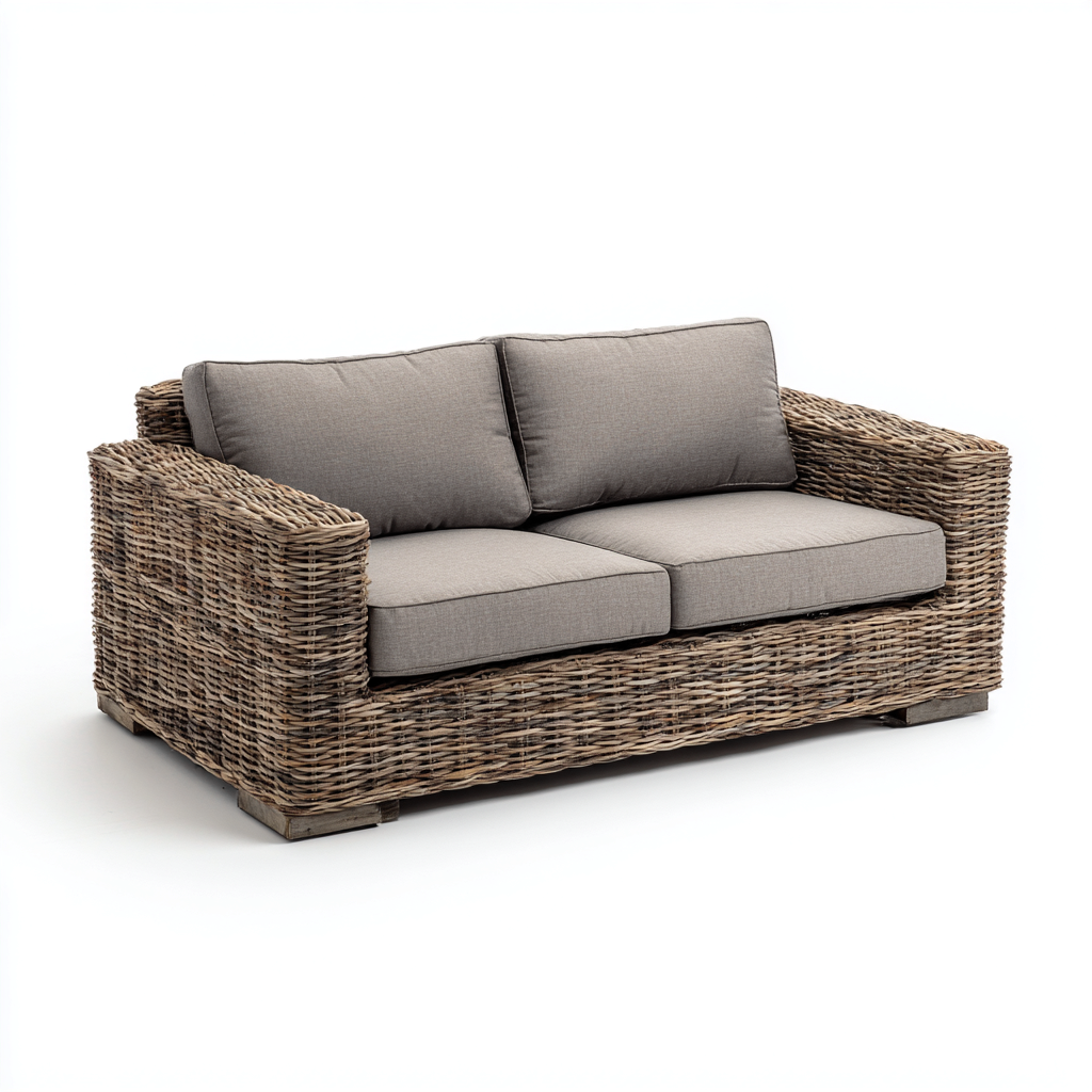 Canapé de jardin - rotin-tissu - 168x92x82 cm - gris-naturel - style rustique-Villaaro