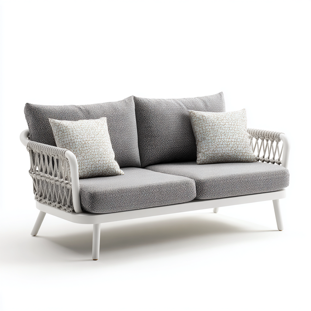 Canapé de jardin - métal-rotin-tissu - 172x88x84 cm - gris-blanc - style contemporain-Villaaro