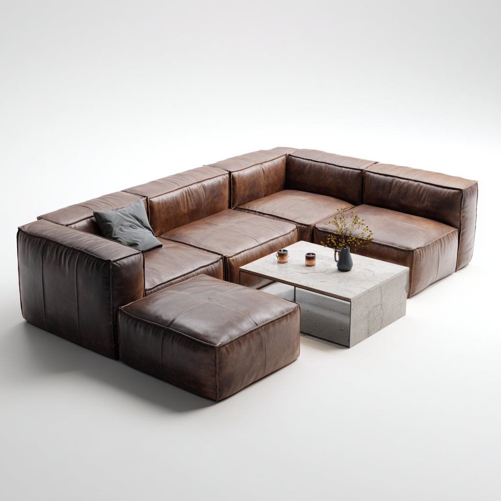 Canapé modular - cuir - 308x238x79 cm - brun - style contemporain-Villaaro