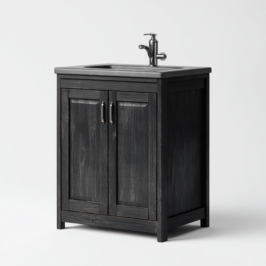 Meuble vasque - bois-marbre - 62x45x88 cm - noir-gris - style rustique-Villaaro