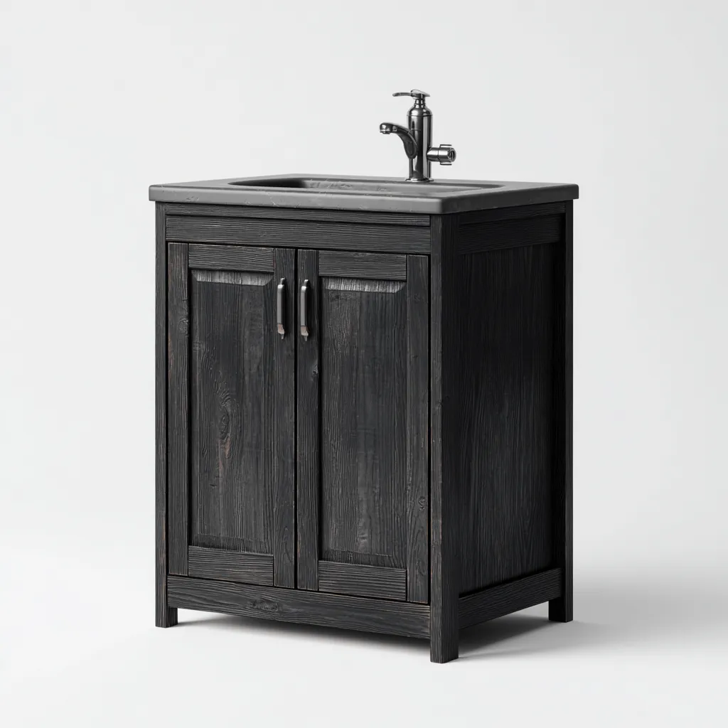 Meuble vasque - bois-marbre - 62x45x88 cm - noir-gris - style rustique-Villaaro