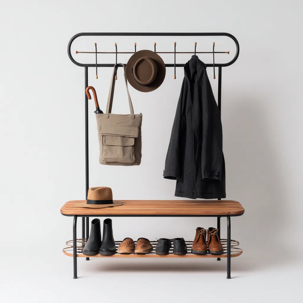 Porte manteau - métal-bois - 100x35x165 cm - noir-bois naturel - style moderne-Villaaro