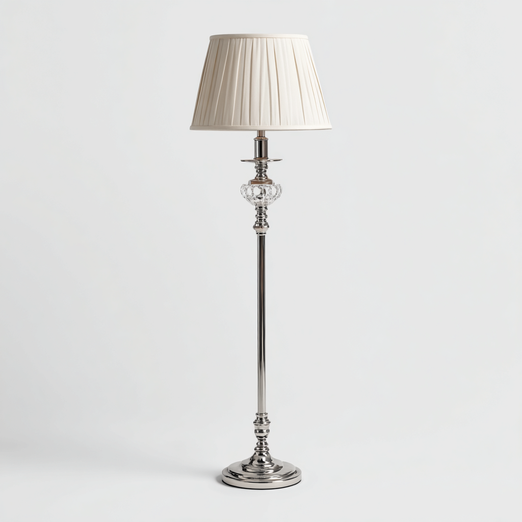 Lampada da terra in metallo cromato con paralume in tessuto avorio e dettaglio in cristallo 38x38x160 cm - argento-avorio - design classico-elegante-Padovae