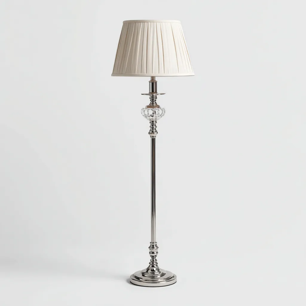 Lampada da terra in metallo cromato con paralume in tessuto avorio e dettaglio in cristallo 38x38x160 cm - argento-avorio - design classico-elegante-Padovae