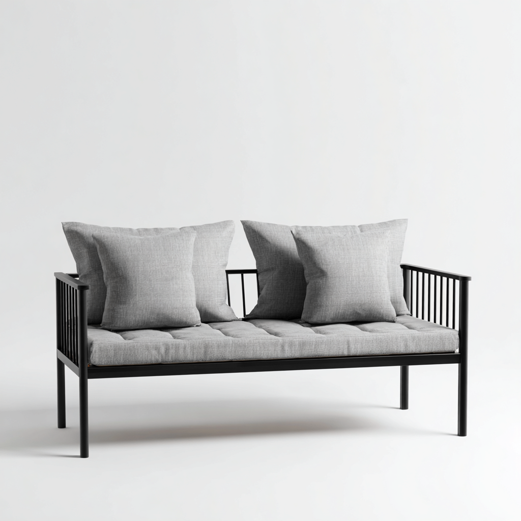 Divano da esterno a due posti in metallo con cuscini grigi 140x75x80 cm - nero - grigio - design minimalista - per giardino e terrazza-Padovae